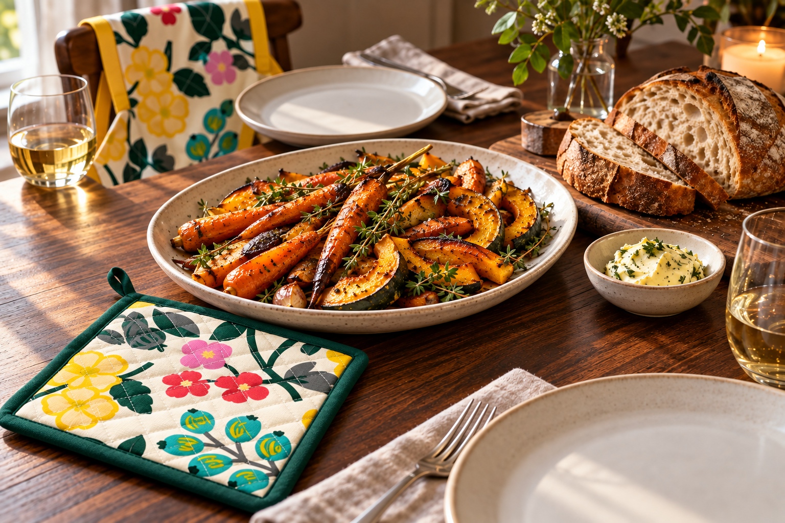 Roasted vegetables with the Retro Flower Yellow pot holder and matching chef apron