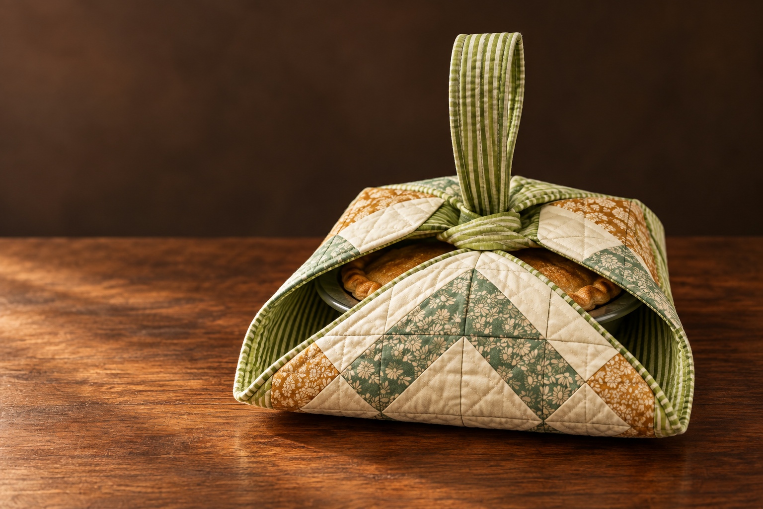 Meadow Star quilted carrier folded around a freshly baked pie