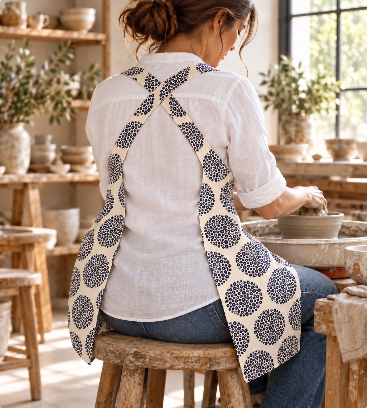 Rear view of the regular Navy Floral Circle smock, with broad fabric panels crossing in an X, worn at a pottery wheel